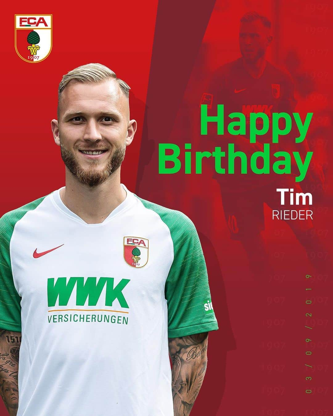 FCアウクスブルクさんのインスタグラム写真 - (FCアウクスブルクInstagram)「Alles Gute und nochmals viel Erfolg bei Deiner neuen Herausforderung, Tim! 🍀✊🎉 #FCA #FCA1907 #fcaugsburg #Rieder @t.rieder93」9月3日 18時37分 - fcaugsburg1907