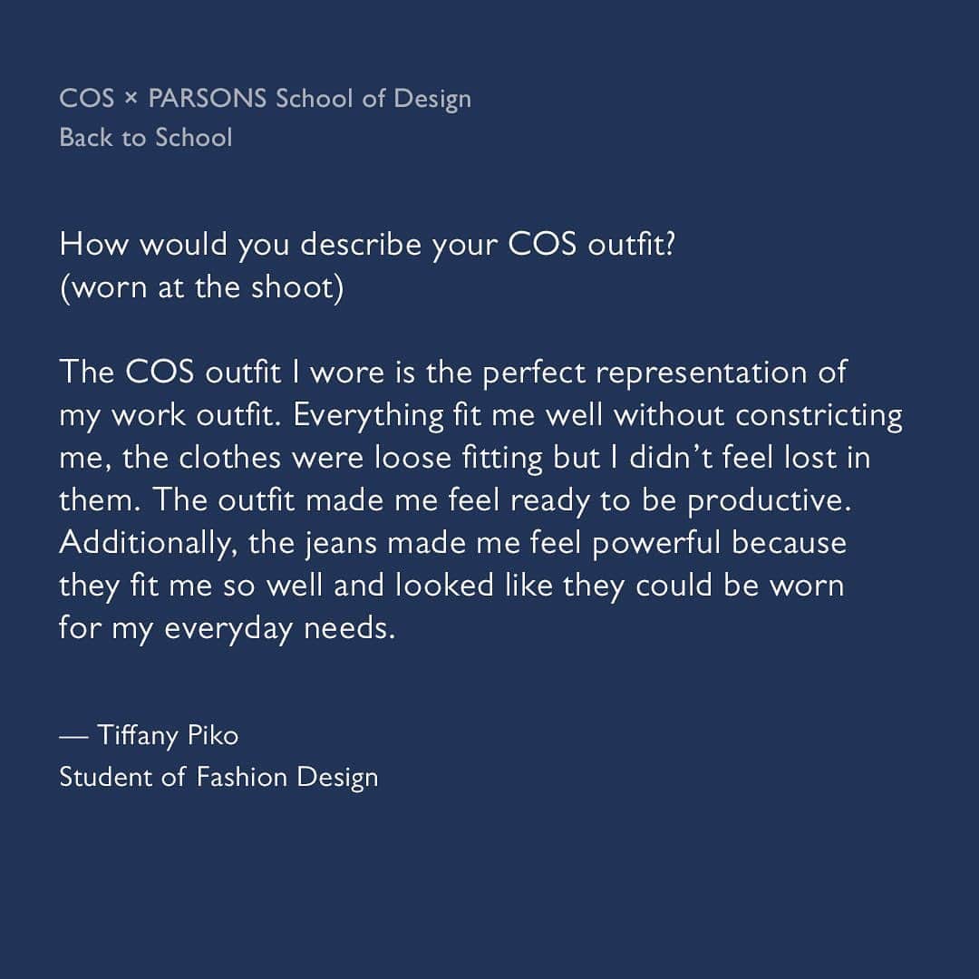 コスさんのインスタグラム写真 - (コスInstagram)「COS x Parson | We asked Tiffany Piko a Student of Sustainable Fashion at Parsons School of Design, to describe her COS look. Read more via the link in our bio #cosstores」9月3日 19時01分 - cosstores