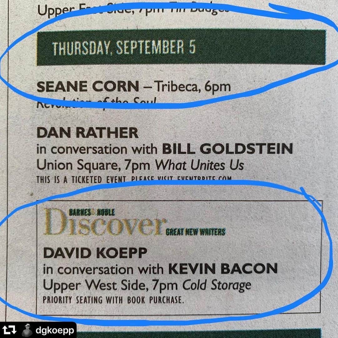 ケヴィン・ベーコンさんのインスタグラム写真 - (ケヴィン・ベーコンInstagram)「#repost @dgkoepp ・・・ Thursday night in NYC, your choices are me and Kevin Bacon, or Dan Rather.  C’mon, who’s gonna be funnier?  #barnesandnoble #coldstoragebook #kevinbacon #horrornovels」9月3日 22時03分 - kevinbacon