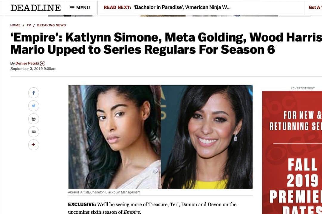 ジーン・トリプルホーンのインスタグラム：「So excited to officially be part of the #empire family! 🍾🎉🎊 @deadline @fox @disney @deadline  https://deadline.com/2019/09/empire-katlynn-simone-meta-golding-wood-harris-mario-promoted-series-regulars-season-1202708686/  #tv #lyon #grateful #actorslife #breakingnews」