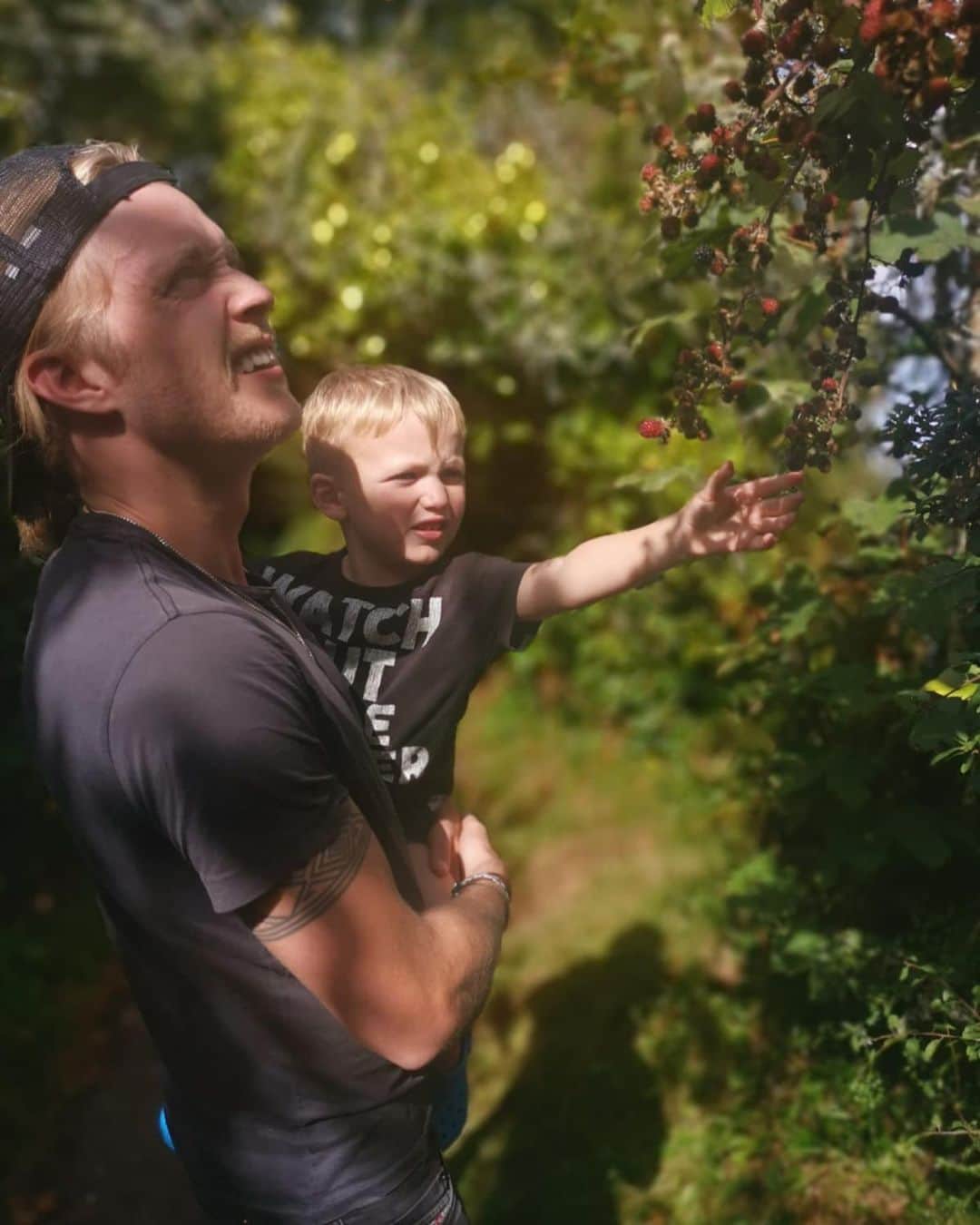 ルーファス・テイラーのインスタグラム：「Definitely not ripe these blackberries but delicious thanks mate.... #godson #geezer #getitdownya」