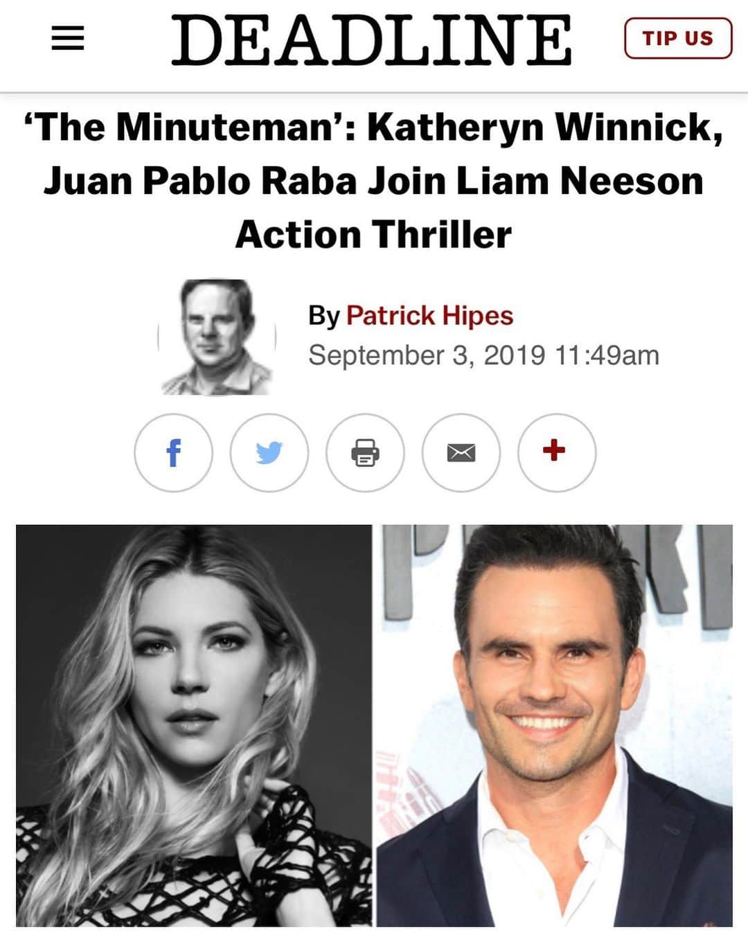 キャサリン・ウィニックのインスタグラム：「So excited to officially announce my next film! Action thriller opposite Liam Neeson & @juanpabloraba. 🎬」