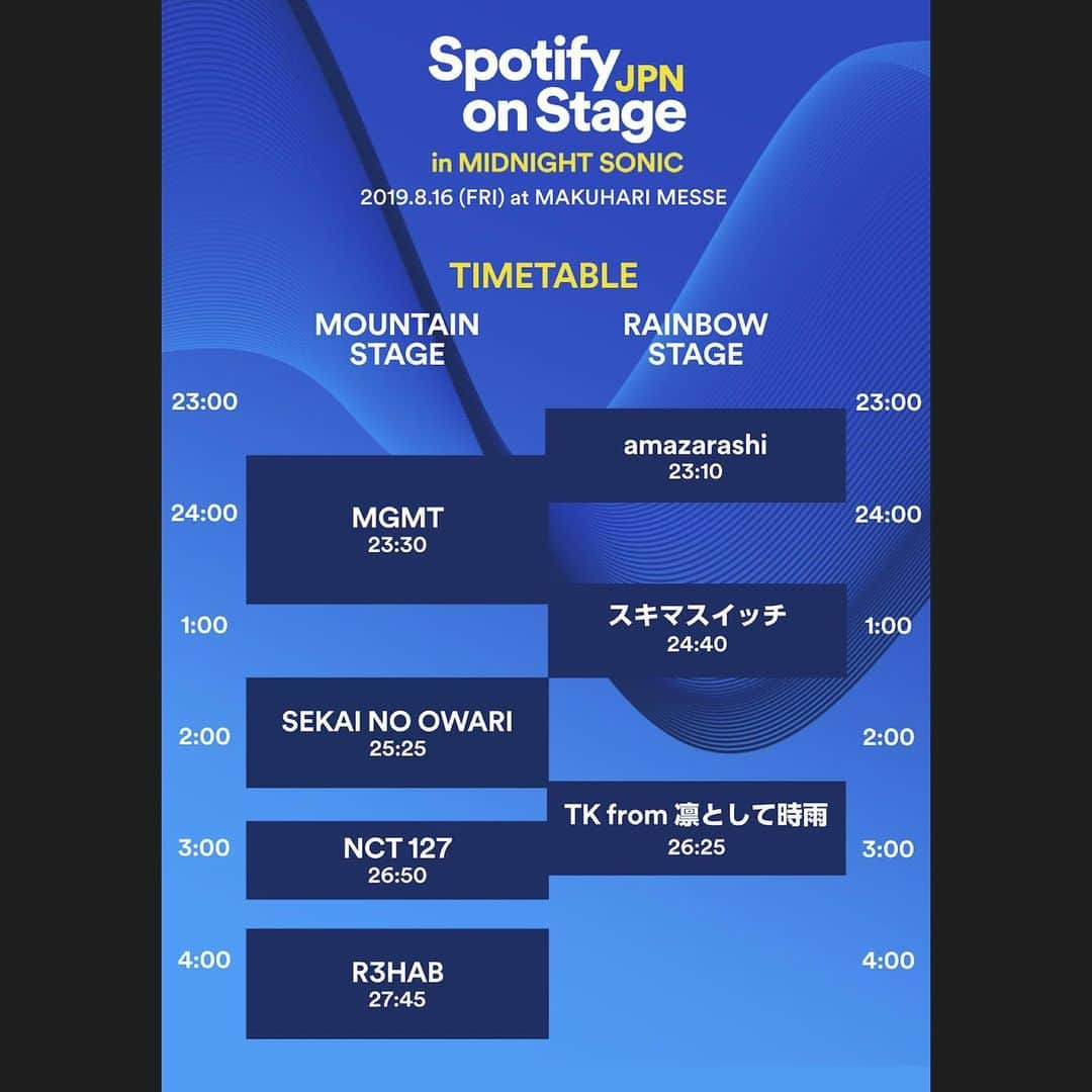 Spotify Japanさんのインスタグラム写真 - (Spotify JapanInstagram)「＼サマソニ まであと5日／ . サマソニとSpotifyがプロデュースするストリーミング時代のライブステージ「Spotify on Stage in MIDNIGHT SONIC」タイムテーブルはもうチェックしましたか？ . SEKAI NO OWARI、MGMT、R3HAB、NCT 127、amazarashi、スキマスイッチ、TK from 凛として時雨が出演！国境やジャンルの垣根を超えたライブステージをお見逃しなく！ ———————————————————————— #サマソニxSpotify #SpotifyonStageJPN @summersonic_official #SEKAINOOWARI @fukase @nakajin @saori_fujisaki @djlove #MGMT @whoismgmt #R3HAB @r3hab #NCT127 @nct127 #amazarashi #スキマスイッチ @sukimaswitch_official #TKfrom凛として時雨 @tk_snsfakeshow #サマソニ #Spotify」8月11日 10時49分 - spotifyjp