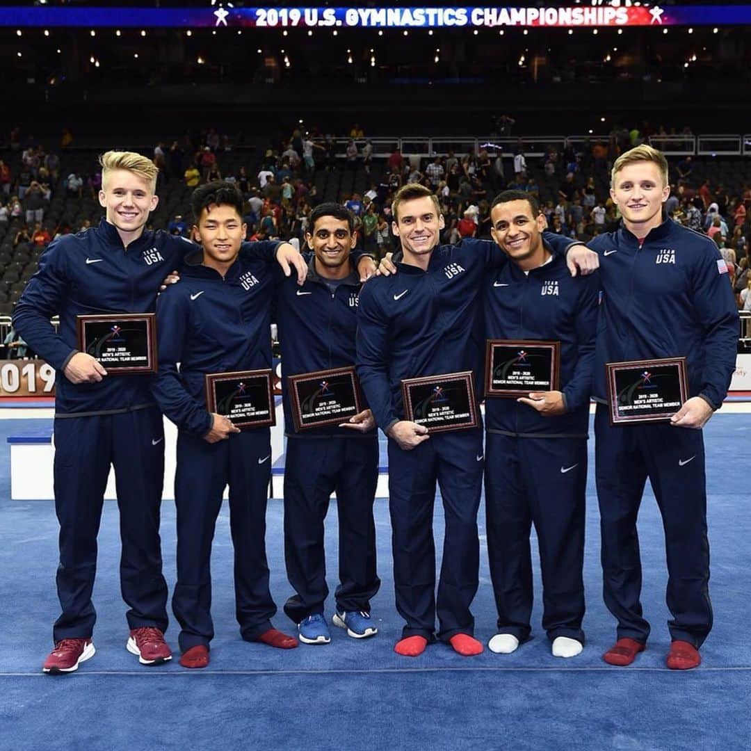 Inside Gymnasticsさんのインスタグラム写真 - (Inside GymnasticsInstagram)「#Repost @usagym Your 2019-20 Senior Men’s National Team! 🇺🇸 (From Left to Right) Wiskus, Moldauer, Modi, Mikulak, Howard, Bower」8月11日 12時33分 - insidegym