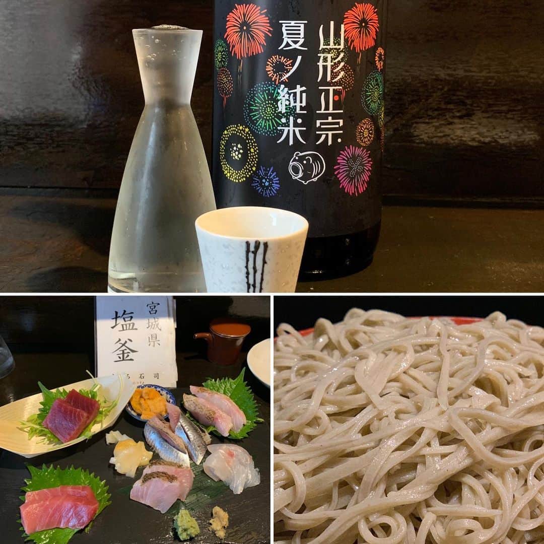 くろさんのインスタグラム写真 - (くろInstagram)「山形正宗🎇夏ノ純米🍶 #山形正宗 #山形正宗夏ノ純米  #山形正宗夏ノ純米花火ラベル #まぐろ石司 #刺身盛り合わせ #手打ち蕎麦」8月11日 19時43分 - m6bmw