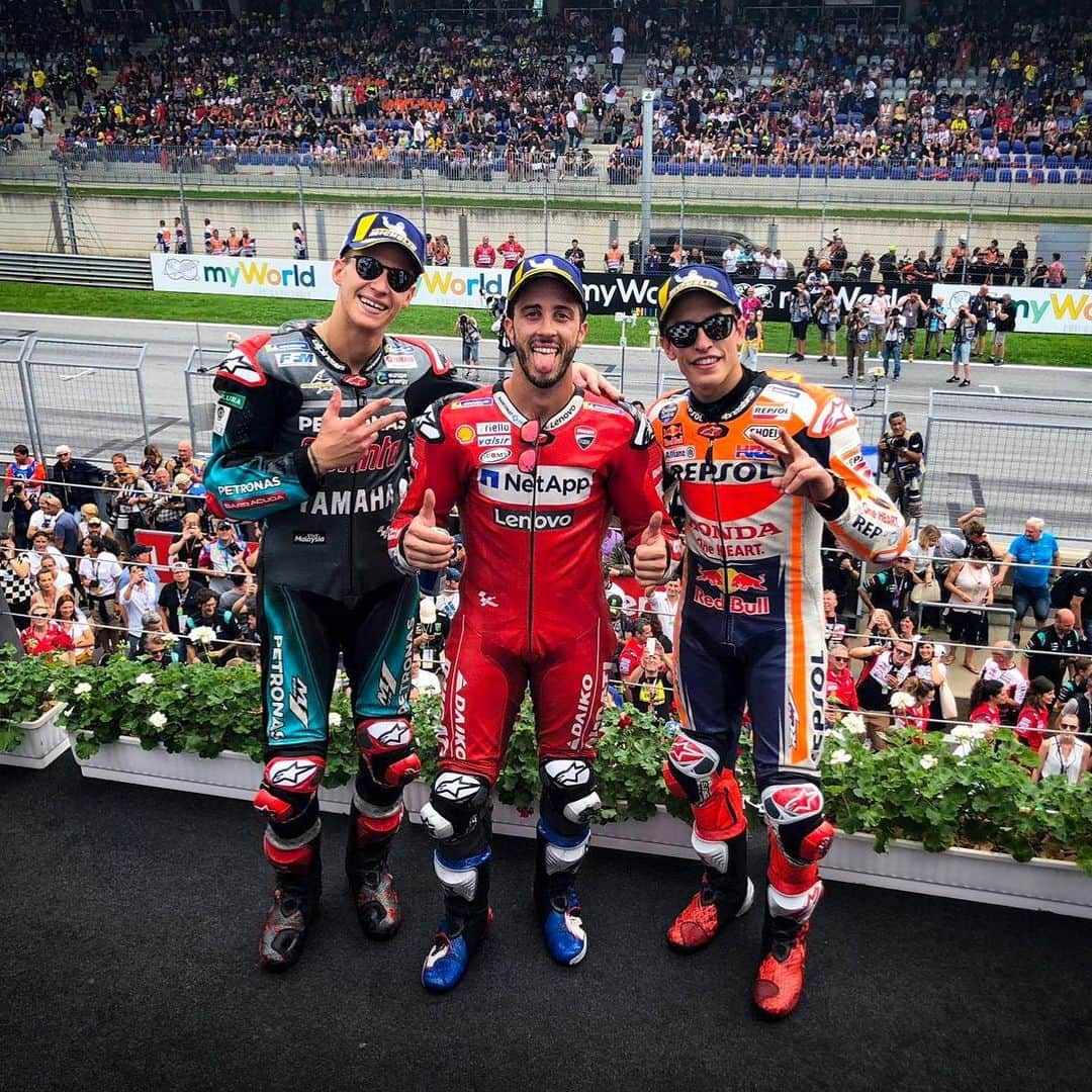 MotoGPさんのインスタグラム写真 - (MotoGPInstagram)「WHAT a race 🔥🔥🔥 // Here's your #AustrianGP 🇦🇹 podium 🏁 #MotoGP #Motorcycle #Racing #Motorsport #AD04 #MM93 #FQ20」8月11日 22時10分 - motogp