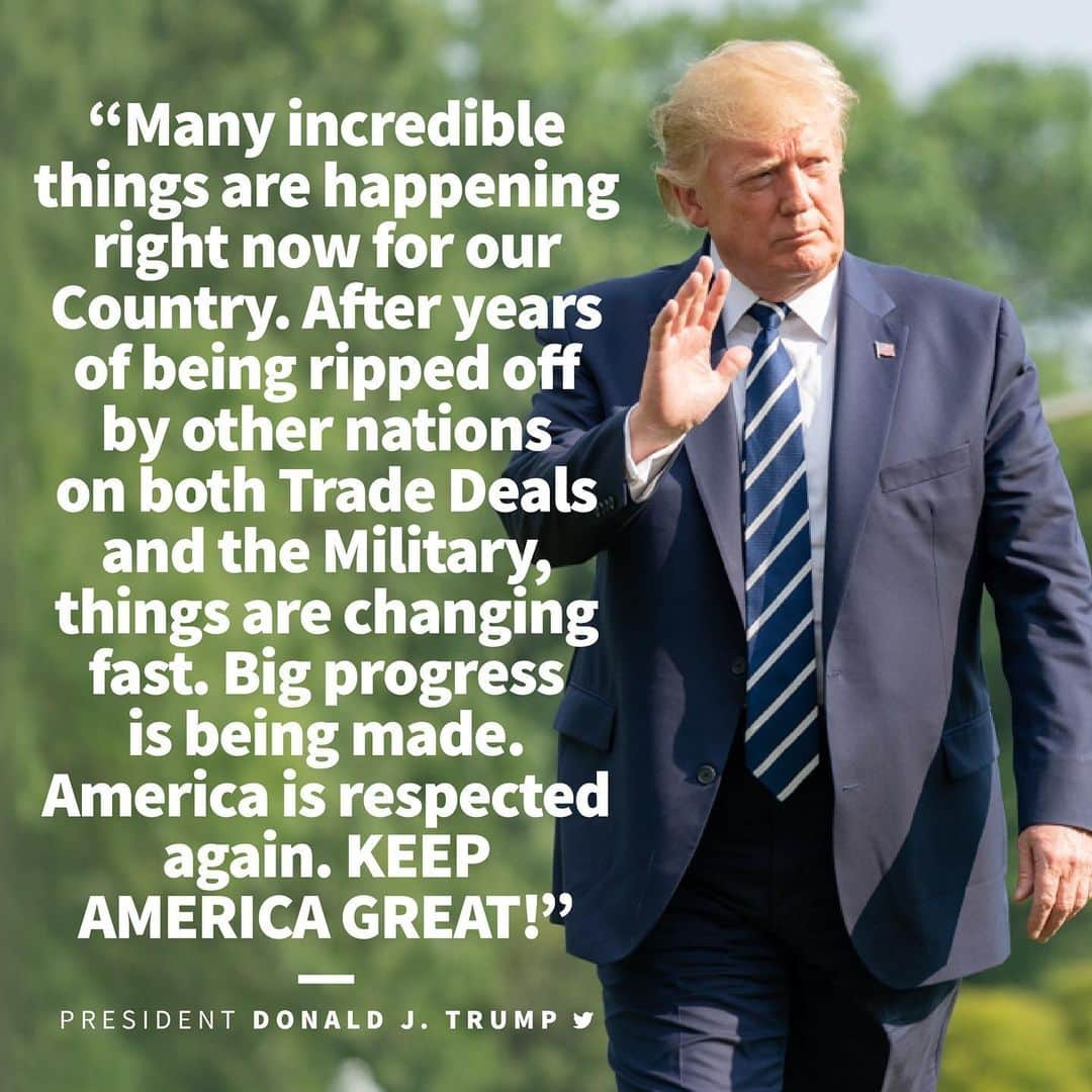 ドナルド・トランプさんのインスタグラム写真 - (ドナルド・トランプInstagram)「Many incredible things are happening right now for our Country. After years of being ripped off by other nations on both Trade Deals and the Military, things are changing fast. Big progress is being made. America is respected again. KEEP AMERICA GREAT!」8月12日 10時09分 - realdonaldtrump