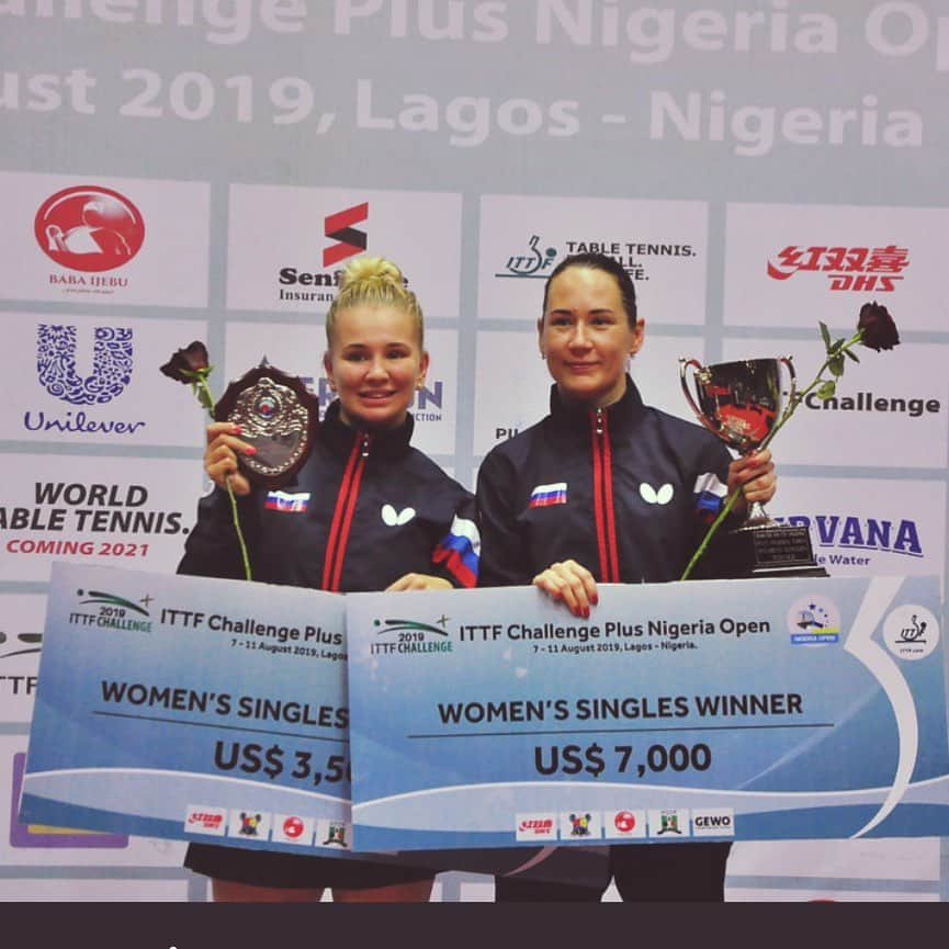 ヤナ・ノスコワさんのインスタグラム写真 - (ヤナ・ノスコワInstagram)「Nigeria open 2019🇳🇬 🥇🥈🏆🍾 #ittfchallengeplus #russianationalteam🇷🇺」8月12日 12時31分 - yana_noskova_