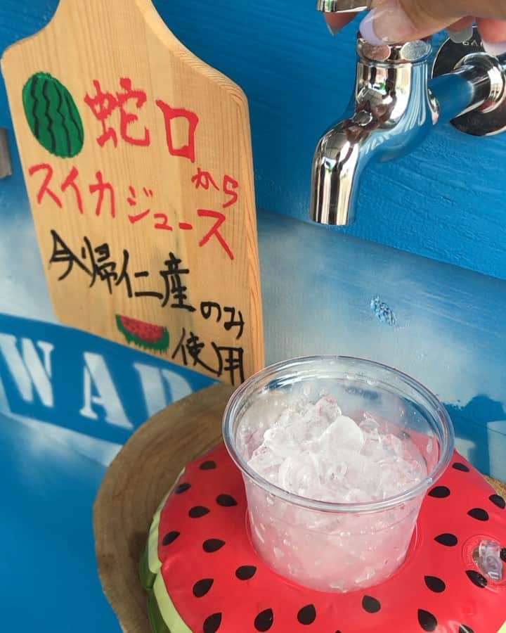 Kayoのインスタグラム：「🍉 ちゃりら〜 蛇口からスイカジュース🍉♡ 🍉 おいしい！ たのしい！ うれしい！ さすがスイカの名産地、今帰仁の🍉 ひねればシアワセ♡ (有料です)」