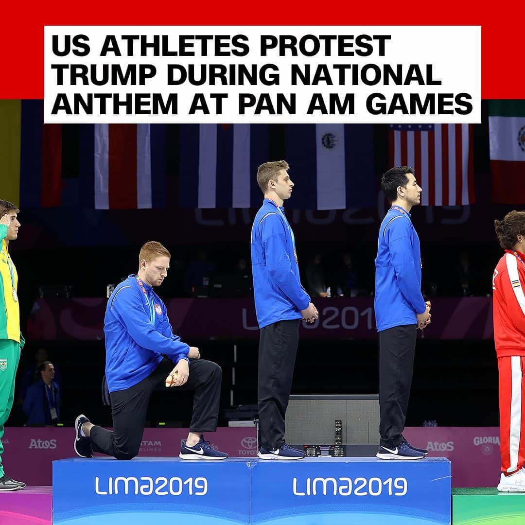 CNNさんのインスタグラム写真 - (CNNInstagram)「Two American athletes could face disciplinary action after they made silent protests during the national anthem at the Pan American Games in Lima, Peru, over the weekend. American gold medalist fencer Race Imboden knelt on the podium, later tweeting that he wanted to call attention to "racism, gun control, mistreatment of immigrants, and a president who spreads hate." Hammer thrower Gwen Berry took gold on Saturday, and raised her fist in the air to call out “all of the injustices that are going on in America and a president who’s making it worse,” she told USAToday. All participants signed agreements not to make any political, religious, or racial remarks during the Games, and a spokesman for the US Olympic and Paralympic Committee told CNN that "the athletes didn't adhere to the commitment they made," and their actions were under review. (📸: Leonardo Fernandez/Getty Images, Twitter)」8月13日 4時17分 - cnn