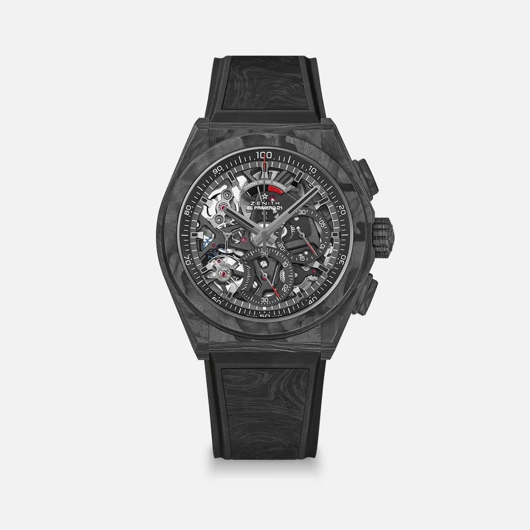 ゼニスのインスタグラム：「#Defy21: The latest addition to the family of next-generation El Primero chronographs, the DEFY El Primero 21 Carbon combines the high-frequency 100th of a second chronograph calibre with a carbon fiber case, with each piece bearing a unique pattern.  #Zenith #ZenithWatches #Watches #Carbon #Watch #Watchesofinstagram #Watchfam #WatchoftheDay #Luxury #WatchAddict #Watchcollector #Horology #DailyWatch #ElPrimero #Chronograph」