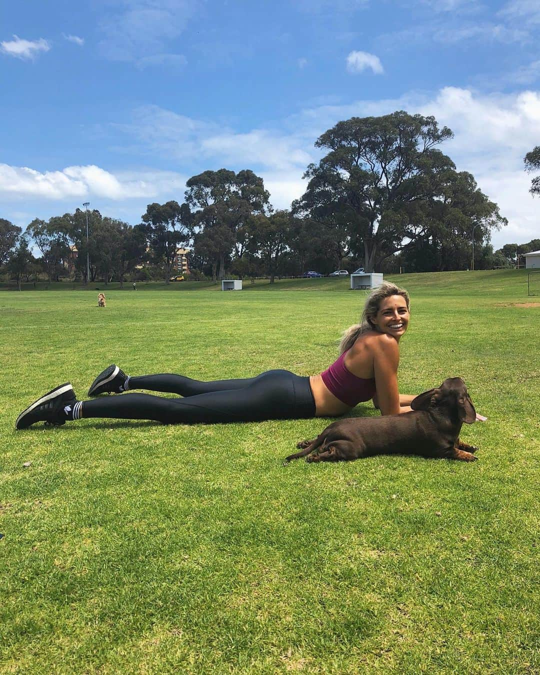 Amanda Biskさんのインスタグラム写真 - (Amanda BiskInstagram)「Just Charlie and I doin’ our thang 😎😎 #sploot ...while Willow barks her head off at all the other dogs/people/children/leaves around the park (can you spot her?) 🙄 haha Not a bad day to do our #alloutaugust workout outside! ☀️ 26 degrees Celsius today...and this is winter?! Boom 👊🏼 #fitnesschallenge ab♥️x . It’s not to late to join us for the ‘All Out August’ Challenge on my app Fresh Body Fit Mind! 💪🏼👊🏼🙌🏼 on iPhone & Android ✨」8月13日 0時34分 - amandabisk