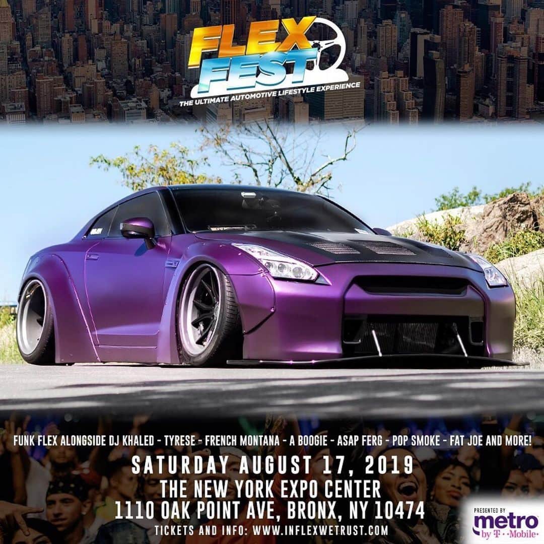 ファンクマスター・フレックスのインスタグラム：「#Repost @flexfestofficial ・・・ FLEX FEST 2019 presented by @metrobytmobile 🔥 . GET YOUR TICKETS ON INFLEXWETRUST.COM . ‪ 𝙏𝙄𝘾𝙆𝙀𝙏𝙎 & 𝘾𝘼𝙍 𝙎𝙃𝙊𝙒 𝙍𝙀𝙂𝙄𝙎𝙏𝙍𝘼𝙏𝙄𝙊𝙉 𝙄𝙉 𝘽𝙄𝙊: - GENERAL ADMISSION = $40 - VIP (INCLUDES ARTIST/VIP LOUNGE ACCESS, BALCONY ACCESS, & FAST ENTRY)= $150 . 𝙁𝙐𝙉𝙆 𝙁𝙇𝙀𝙓 𝘼𝙇𝙊𝙉𝙂𝙎𝙄𝘿𝙀: ‪FRENCH MONTANA‬ ‪DJ KHALED‬ TYRESE A$AP FERG ‪FAT JOE‬ TRIPPIE REDD HIGHBRIDGE THE LABEL LIL TJAY ERIC B & ‪RAKIM‬ CURREN$Y POP SMOKE AMBJAAY . TRACKS BY LIT DIGITAL DJS: BOBBY TRENDS, DJ RED ALERT, CHUCK CHILLOUT DJ SPAZO, DJ HR, TAT WZA . - CAR/TRUCK/MOTORCYCLE SHOW - FOOD TRUCKS - VENDORS . SATURDAY - AUG 17 ‬ The New York Expo Center📍 . @funkflex @joejaxson @d1320don @brianesr  #FlexFest  #FlexFest2019  #funkflex #newyorkexpocenter  #nyccarshow #nyc」