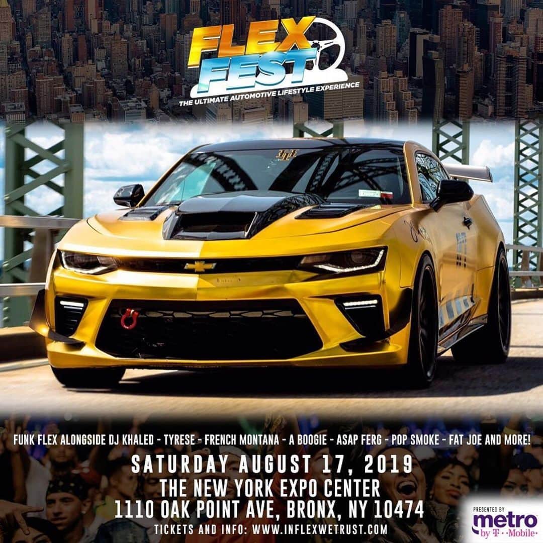 ファンクマスター・フレックスのインスタグラム：「#Repost @flexfestofficial ・・・ FLEX FEST 2019 presented by @metrobytmobile 🔥 . GET YOUR TICKETS ON INFLEXWETRUST.COM . ‪ 𝙏𝙄𝘾𝙆𝙀𝙏𝙎 & 𝘾𝘼𝙍 𝙎𝙃𝙊𝙒 𝙍𝙀𝙂𝙄𝙎𝙏𝙍𝘼𝙏𝙄𝙊𝙉 𝙄𝙉 𝘽𝙄𝙊: - GENERAL ADMISSION = $40 - VIP (INCLUDES ARTIST/VIP LOUNGE ACCESS, BALCONY ACCESS, & FAST ENTRY)= $150 . 𝙁𝙐𝙉𝙆 𝙁𝙇𝙀𝙓 𝘼𝙇𝙊𝙉𝙂𝙎𝙄𝘿𝙀: ‪FRENCH MONTANA‬ ‪DJ KHALED‬ TYRESE A$AP FERG ‪FAT JOE‬ TRIPPIE REDD HIGHBRIDGE THE LABEL LIL TJAY ERIC B & ‪RAKIM‬ CURREN$Y POP SMOKE AMBJAAY . TRACKS BY LIT DIGITAL DJS: BOBBY TRENDS, DJ RED ALERT, CHUCK CHILLOUT DJ SPAZO, DJ HR, TAT WZA . - CAR/TRUCK/MOTORCYCLE SHOW - FOOD TRUCKS - VENDORS . SATURDAY - AUG 17 ‬ The New York Expo Center📍 . @funkflex @joejaxson @d1320don @brianesr  #FlexFest  #FlexFest2019  #funkflex #newyorkexpocenter  #nyccarshow #nyc」