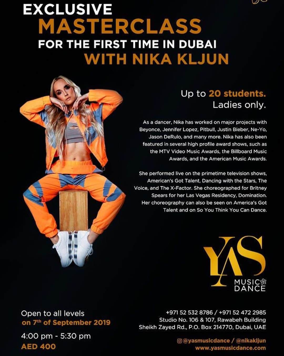 Nika Kljunさんのインスタグラム写真 - (Nika KljunInstagram)「DUBAI !!! 🐫🌴 Dance with me me there for the first time... 🤪🤩 . September 6. & 7. 2019! . Meet me at the @yasmusicdance opening and have the best time with us! 😛💃🏼 @yasvocals has been a student of mine in Los Angeles for quite a while and I couldn’t be more proud of her by opening her own dance studio out there. U go girl! 👊🏼 . Don’t miss it, Dubai! Gonna be a special experience for sure 🧡🔥 Register at www.yasmusicdance.com ! . #dubaicity #dubaidance #dubailifestyle #nikakljun #dubaiexperience #danceworkshop #jazzfunk #hiphop #dancelover」8月13日 2時43分 - nikakljun