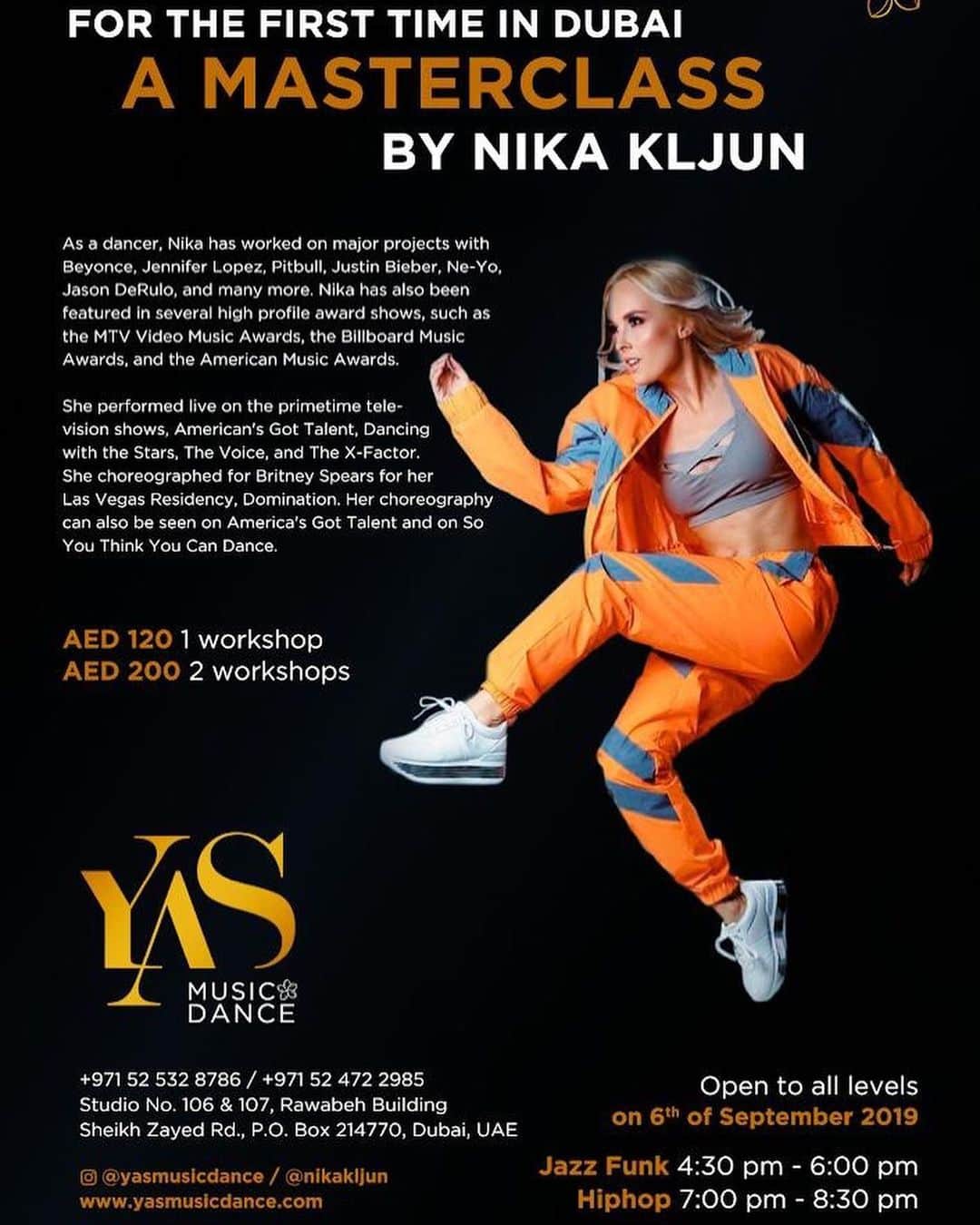 Nika Kljunのインスタグラム：「DUBAI !!! 🐫🌴 Dance with me me there for the first time... 🤪🤩 . September 6. & 7. 2019! . Meet me at the @yasmusicdance opening and have the best time with us! 😛💃🏼 @yasvocals has been a student of mine in Los Angeles for quite a while and I couldn’t be more proud of her by opening her own dance studio out there. U go girl! 👊🏼 . Don’t miss it, Dubai! Gonna be a special experience for sure 🧡🔥 Register at www.yasmusicdance.com ! . #dubaicity #dubaidance #dubailifestyle #nikakljun #dubaiexperience #danceworkshop #jazzfunk #hiphop #dancelover」