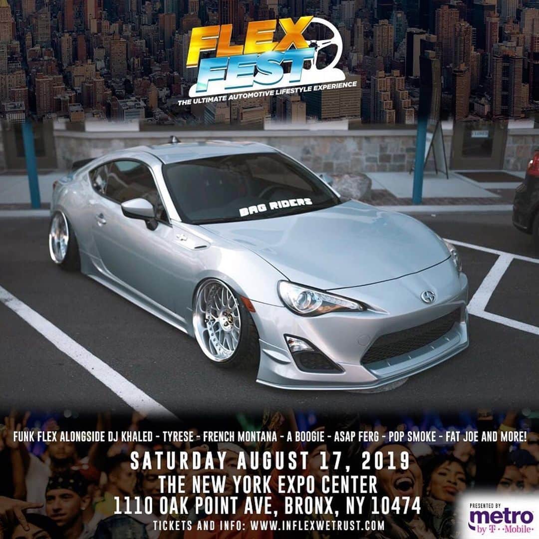 ファンクマスター・フレックスのインスタグラム：「#Repost @flexfestofficial ・・・ FLEX FEST 2019 presented by @metrobytmobile 🙌 . GET YOUR TICKETS ON INFLEXWETRUST.COM . ‪ 𝙏𝙄𝘾𝙆𝙀𝙏𝙎 & 𝘾𝘼𝙍 𝙎𝙃𝙊𝙒 𝙍𝙀𝙂𝙄𝙎𝙏𝙍𝘼𝙏𝙄𝙊𝙉 𝙄𝙉 𝘽𝙄𝙊: - GENERAL ADMISSION = $40 - VIP (INCLUDES ARTIST/VIP LOUNGE ACCESS, BALCONY ACCESS, & FAST ENTRY)= $150 . 𝙁𝙐𝙉𝙆 𝙁𝙇𝙀𝙓 𝘼𝙇𝙊𝙉𝙂𝙎𝙄𝘿𝙀: ‪FRENCH MONTANA‬ ‪DJ KHALED‬ TYRESE A$AP FERG ‪FAT JOE‬ TRIPPIE REDD HIGHBRIDGE THE LABEL LIL TJAY ERIC B & ‪RAKIM‬ CURREN$Y POP SMOKE AMBJAAY . TRACKS BY LIT DIGITAL DJS: BOBBY TRENDS, DJ RED ALERT, CHUCK CHILLOUT DJ SPAZO, DJ HR, TAT WZA . - CAR/TRUCK/MOTORCYCLE SHOW - FOOD TRUCKS - VENDORS . SATURDAY - AUG 17 ‬ The New York Expo Center📍 . @funkflex @joejaxson @d1320don @brianesr  #FlexFest  #FlexFest2019  #funkflex #newyorkexpocenter  #nyccarshow #nyc」