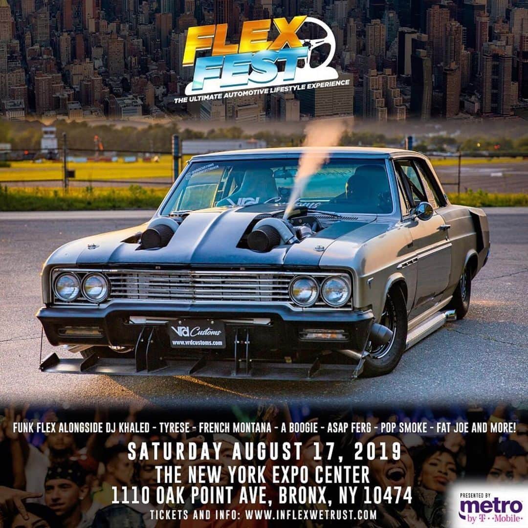 ファンクマスター・フレックスのインスタグラム：「#Repost @flexfestofficial ・・・ FLEX FEST 2019 presented by @metrobytmobile 🔥 . GET YOUR TICKETS ON INFLEXWETRUST.COM . ‪ 𝙏𝙄𝘾𝙆𝙀𝙏𝙎 & 𝘾𝘼𝙍 𝙎𝙃𝙊𝙒 𝙍𝙀𝙂𝙄𝙎𝙏𝙍𝘼𝙏𝙄𝙊𝙉 𝙄𝙉 𝘽𝙄𝙊: - GENERAL ADMISSION = $40 - VIP (INCLUDES ARTIST/VIP LOUNGE ACCESS, BALCONY ACCESS, & FAST ENTRY)= $150 . 𝙁𝙐𝙉𝙆 𝙁𝙇𝙀𝙓 𝘼𝙇𝙊𝙉𝙂𝙎𝙄𝘿𝙀: ‪FRENCH MONTANA‬ ‪DJ KHALED‬ TYRESE A$AP FERG ‪FAT JOE‬ TRIPPIE REDD HIGHBRIDGE THE LABEL LIL TJAY ERIC B & ‪RAKIM‬ CURREN$Y POP SMOKE AMBJAAY . TRACKS BY LIT DIGITAL DJS: BOBBY TRENDS, DJ RED ALERT, CHUCK CHILLOUT DJ SPAZO, DJ HR, TAT WZA . - CAR/TRUCK/MOTORCYCLE SHOW - FOOD TRUCKS - VENDORS . SATURDAY - AUG 17 ‬ The New York Expo Center📍 . @funkflex @joejaxson @d1320don @brianesr  #FlexFest  #FlexFest2019  #funkflex #newyorkexpocenter  #nyccarshow #nyc」