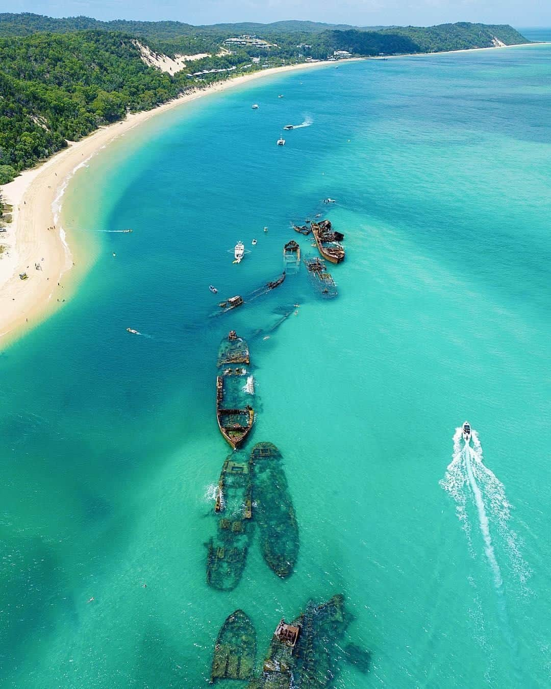 Australiaさんのインスタグラム写真 - (AustraliaInstagram)「Brace yourself, we’re a-boat to get to one of @queensland’s best man-made dive sites. 🐠 @swaller4 recently visited the #TangaloomaWrecks on #MoretonIsland, which is a 75-minute cruise from @visitbrisbane. 15 vessels were deliberately sunk to form a breakwall for small boats in this area, and they’re now home to colourful corals and over 100 species of fish. A 20-minute walk from @tangaloomaislandresort, the resort can organise a guided snorkelling or diving tour for you, so you get taken to the best spots and might even see a dolphin or dugong swimming by!  #seeaustralia #thisisqueensland #brisbaneanyday #Tangalooma #viewfromabove  #travel」8月13日 4時00分 - australia