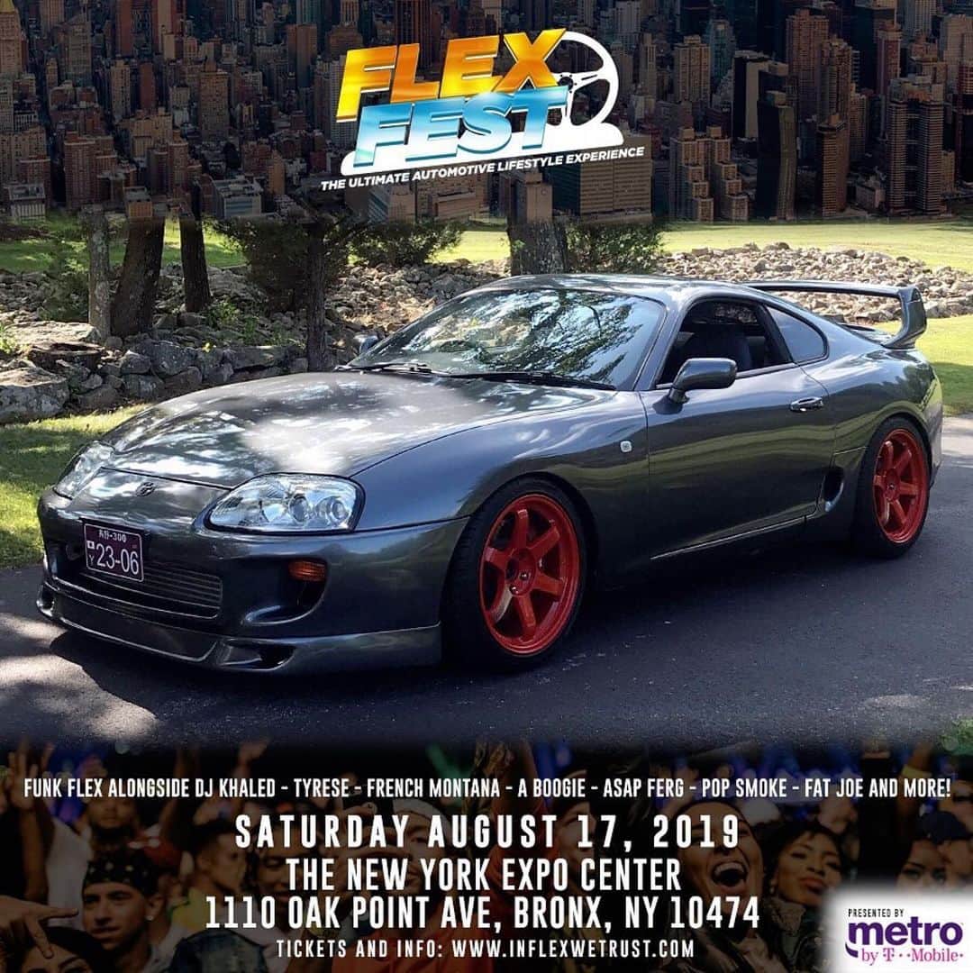 ファンクマスター・フレックスのインスタグラム：「#Repost @flexfestofficial ・・・ FLEX FEST 2019 presented by @metrobytmobile 🔥 . GET YOUR TICKETS ON INFLEXWETRUST.COM . ‪ 𝙏𝙄𝘾𝙆𝙀𝙏𝙎 & 𝘾𝘼𝙍 𝙎𝙃𝙊𝙒 𝙍𝙀𝙂𝙄𝙎𝙏𝙍𝘼𝙏𝙄𝙊𝙉 𝙄𝙉 𝘽𝙄𝙊: - GENERAL ADMISSION = $40 - VIP (INCLUDES ARTIST/VIP LOUNGE ACCESS, BALCONY ACCESS, & FAST ENTRY)= $150 . 𝙁𝙐𝙉𝙆 𝙁𝙇𝙀𝙓 𝘼𝙇𝙊𝙉𝙂𝙎𝙄𝘿𝙀: ‪FRENCH MONTANA‬ ‪DJ KHALED‬ TYRESE A$AP FERG ‪FAT JOE‬ TRIPPIE REDD HIGHBRIDGE THE LABEL LIL TJAY ERIC B & ‪RAKIM‬ CURREN$Y POP SMOKE AMBJAAY . TRACKS BY LIT DIGITAL DJS: BOBBY TRENDS, DJ RED ALERT, CHUCK CHILLOUT DJ SPAZO, DJ HR, TAT WZA . - CAR/TRUCK/MOTORCYCLE SHOW - FOOD TRUCKS - VENDORS . SATURDAY - AUG 17 ‬ The New York Expo Center📍 . @funkflex @joejaxson @d1320don @brianesr  #FlexFest  #FlexFest2019  #funkflex #newyorkexpocenter  #nyccarshow #nyc #supra」