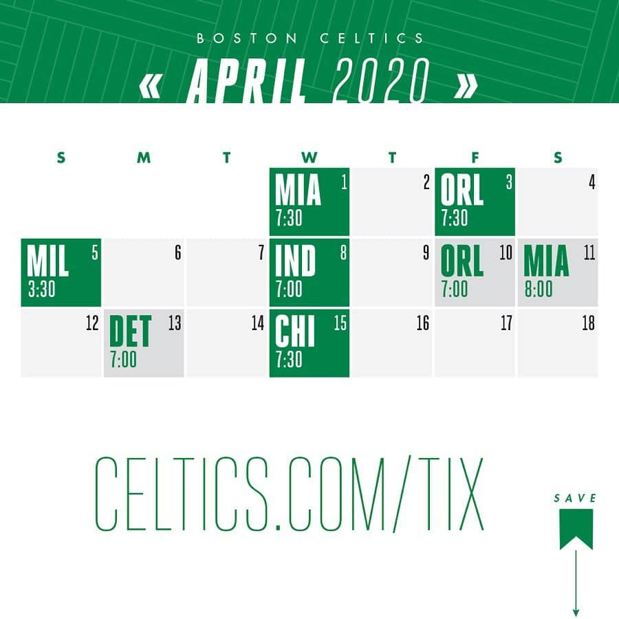 ボストン・セルティックスさんのインスタグラム写真 - (ボストン・セルティックスInstagram)「Your monthly #Celtics schedule ⏩ swipe through April and save this post for viewing all season ☘️📅」8月13日 8時28分 - celtics