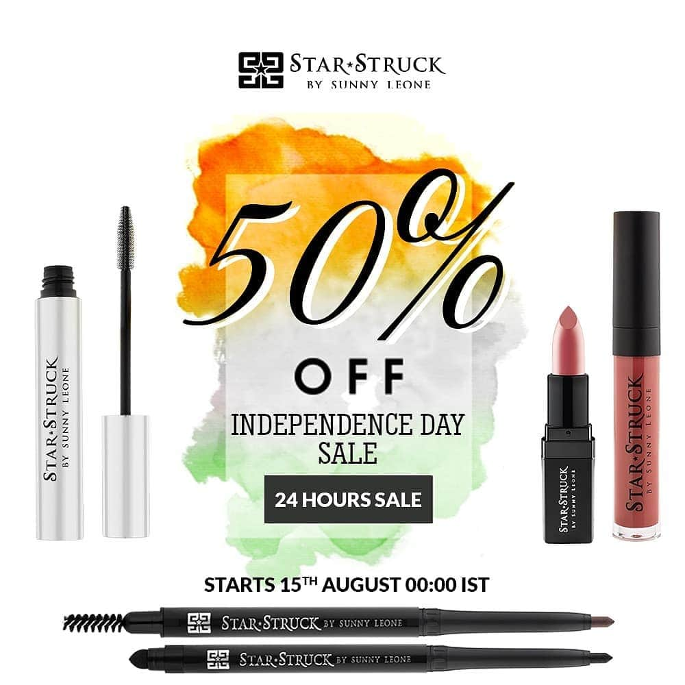 サニー・レオーネさんのインスタグラム写真 - (サニー・レオーネInstagram)「⚠️SALE ALERT!!⚠️ This #IndependenceDay🇮🇳, Get all @starstruckbysl products at a FLAT 50% OFF! Sale starts from 15th Aug 00:00 IST and is valid only for 24 hours! Limited stock only  So hurry up and add your fav products to the cart before they are sold out!  #SunnyLeone #fashion #cosmetics #StarStruckbySL #LipLiner #Lipcolor #IntenseMatteLipstick #LiquidLipColor #Sale #IndependenceDay #FreedomSale」8月13日 23時25分 - sunnyleone