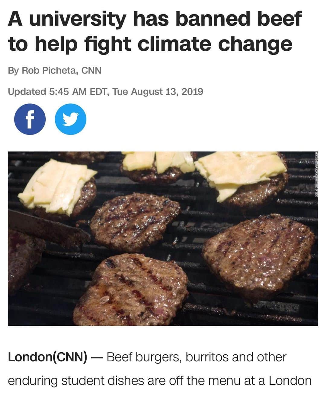 CNNさんのインスタグラム写真 - (CNNInstagram)「Follow ➡️ @cnnclimate ➡️ Beef burgers, burritos and other student dishes are off the menu at Goldsmiths University in #London as it seeks to become carbon neutral by 2025 in order to help the fight against the #climatecrisis. “Declaring a climate emergency cannot be empty words,” the university’s warden Frances Corner said in a statement. “I truly believe we face a defining moment in global history and Goldsmiths now stands shoulder to shoulder with other organizations willing to call the alarm and take urgent action to cut carbon use.”」8月13日 23時39分 - cnn
