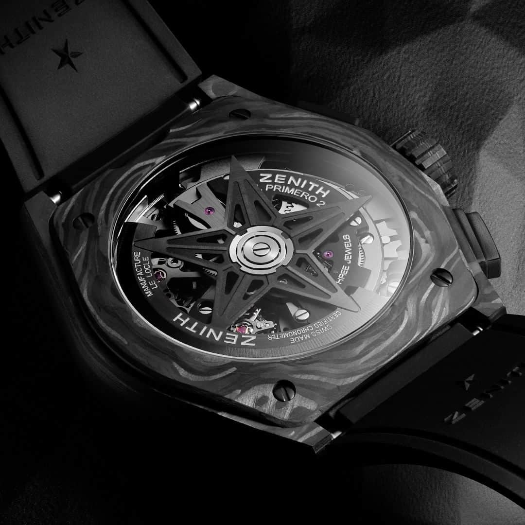 ゼニスのインスタグラム：「#Defy21: Even a black star shines bright. A closer look at The DEFY El Primero 21 Carbon's blacked-out movement.  #Zenith #ZenithWatches #Watches #Carbon #Watch #Watchesofinstagram #Watchfam #WatchoftheDay #Luxury #WatchAddict #Watchcollector #Horology #DailyWatch #ElPrimero #Chronograph #Caseback」