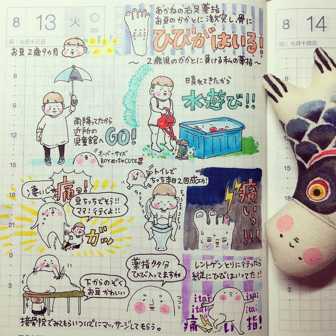 山川あかねさんのインスタグラム写真 - (山川あかねInstagram)「8/13 お久しぶりです、ほぼ日手帳。今日は色々ありすぎたので日記にしてみたよ!お豆のかかとはなんともないよ!#ほぼ日手帳 #ほぼ日手帳オリジナル #お尻絵日記 #育児絵日記 #育児日記 #2歳9ヶ月 #トイトレ #水遊び #接骨院 #イラスト #illustration #rotring #クリーンカラー #アナログイラスト」8月13日 22時18分 - dummpuppe