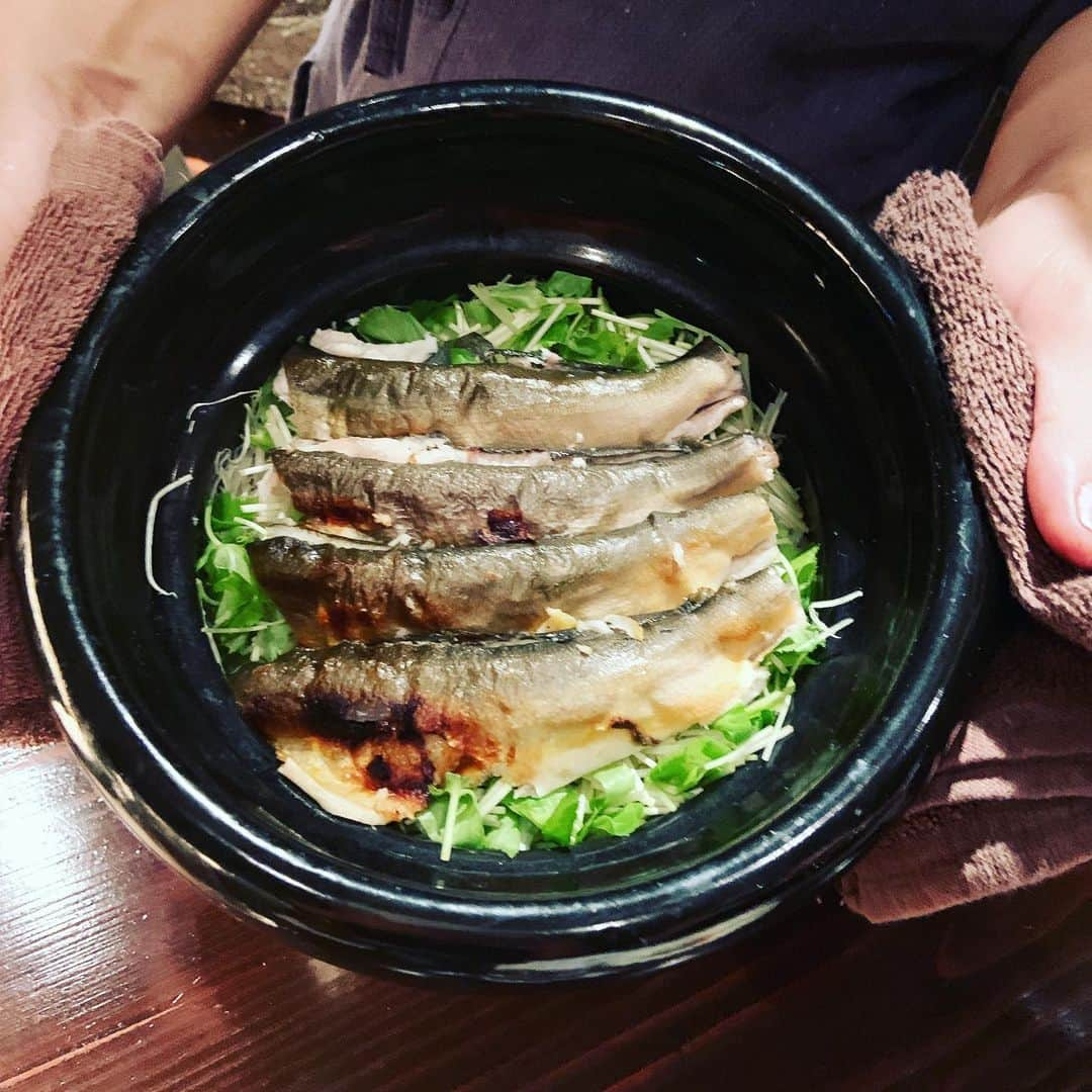 志摩有子さんのインスタグラム写真 - (志摩有子Instagram)「食いしん坊仲間と囲炉裏を囲んだカウンターで楽しむジビエのお店に。今の時季にはなんといっても熊本の清流で捕れた鮎。塩焼きに天ぷらに土鍋ごはん。この鮎ごはんが絶品。二杯目は鮎の骨から取っただしをかけて。もうたまらん。他にも鹿、真鴨、すっぽんも。囲炉裏の火に癒され、自然の美味を頂く。秋はきのこ、冬はぼたん鍋なども登場するそう。季節ごとに通いたくなった。 #囲炉裏 #ジビエ #いい時間 #食いしん坊仲間 #鮎料理 #ホスピタリティ満点 #リピ決定」8月13日 22時28分 - ariko418