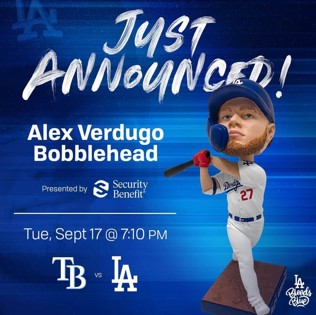 Los Angeles Dodgersさんのインスタグラム写真 - (Los Angeles DodgersInstagram)「Just announced! Join us at Dodger Stadium on September 17 for @dugie11 Bobblehead Night presented by Security Benefit! Get your tickets now at Dodgers.com/promotions.」8月14日 2時00分 - dodgers