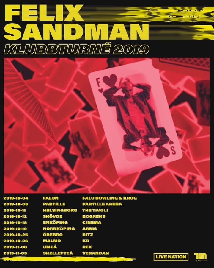 フェリックス・サンドマンのインスタグラム：「|| CLUB TOUR 2019 || SO FUCKING EXCITED TO ANNOUNCE MY CLUB TOUR DATES! GET TICKETS AT LIVENATION.SE! (LINK IN BIO)  AM I COMING TO YOUR CITY THIS FALL LET ME KNOW!!!?? 🃏♥️🃏」