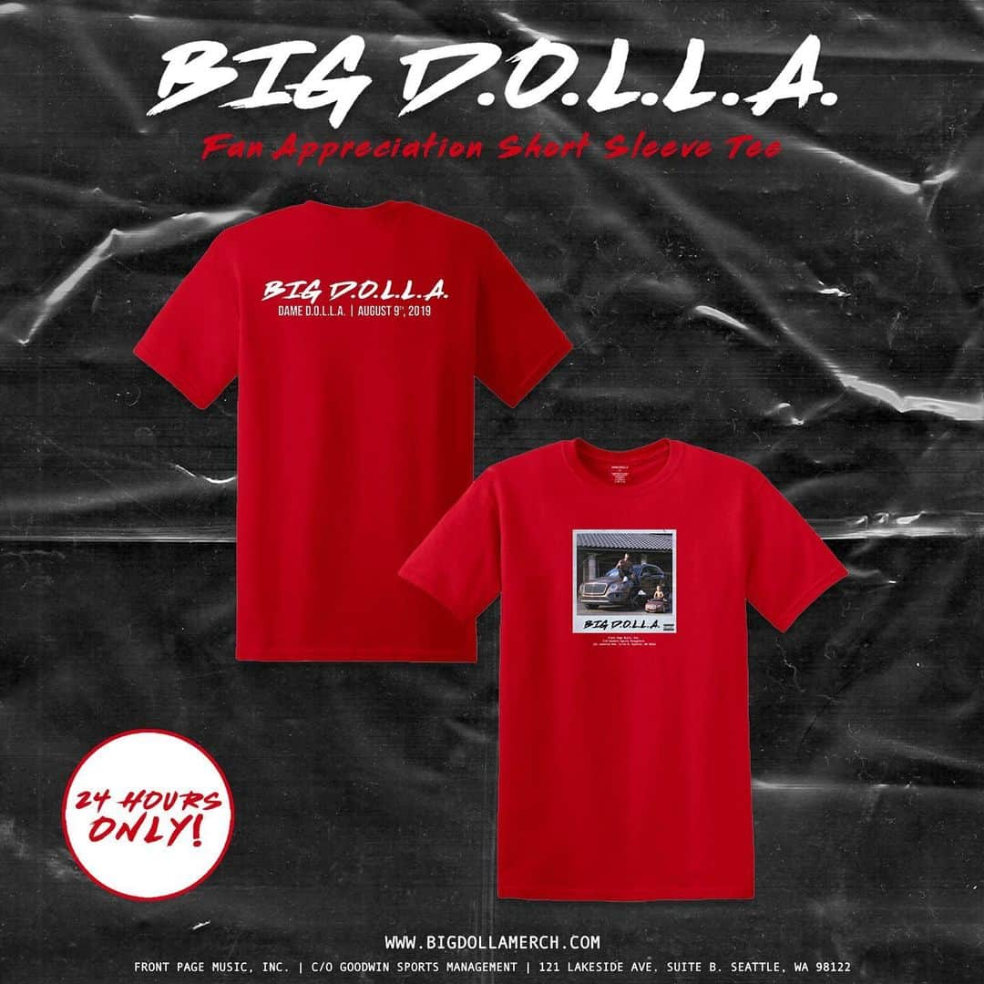 デイミアン・リラードさんのインスタグラム写真 - (デイミアン・リラードInstagram)「Just did a special colorway of the #BigDOLLA album cover tee and D$ and Dame D.O.L.L.A. dad caps. Red for Rip City fans! Only up for 24 hours at discounted price. #BigDOLLA album download comes with every purchase. Hit the link in my bio to get the red merch pack.」8月14日 5時48分 - damianlillard