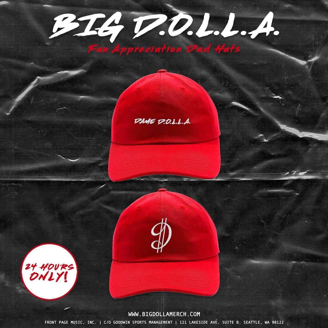 デイミアン・リラードのインスタグラム：「Just did a special colorway of the #BigDOLLA album cover tee and D$ and Dame D.O.L.L.A. dad caps. Red for Rip City fans! Only up for 24 hours at discounted price. #BigDOLLA album download comes with every purchase. Hit the link in my bio to get the red merch pack.」