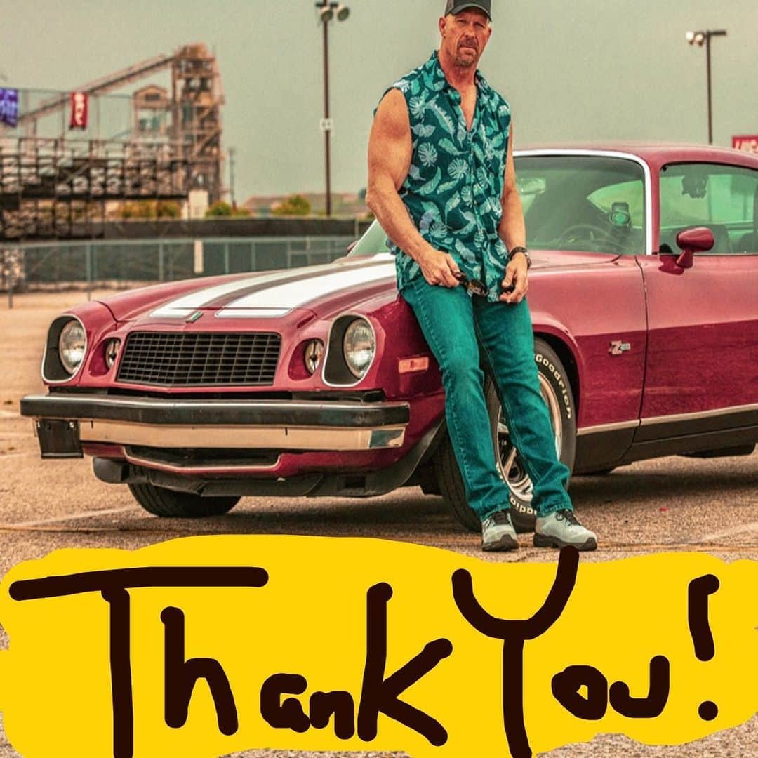 ストーン・コールド・スティーブ・オースチンのインスタグラム：「Thanks so much to everybody who tuned in or set their DVR’s for the season premiere of my new show, Straight Up Steve Austin on @usa_network on August 12. I appreciate you watching and hope you enjoyed the show. @robriggle was awesome and I had a great time getting to know him.  Thank you to all of the people around the USA that we talked to for helping us spread the word. NYC was phenomenal and I had a great time with everybody.  Los Angle Eze-Thank you for the enthusiastic reception and awesome energy in talking about the show.  Special thanks to my family @wwe for so much publicity and support. Thank you, Vince, and everyone else!  The show did a tremendous rating and as Bill Belichick would say, we’re on to next Monday... Next Monday 8-19-19, after @wwe Raw my guest is @salvulcano from @impracticaljokersofficial.  #HELLYEAH  Extra special thank you to my illustrious wife, Kristin, and our doggos, Moolah and Cali. ❤️🐾」