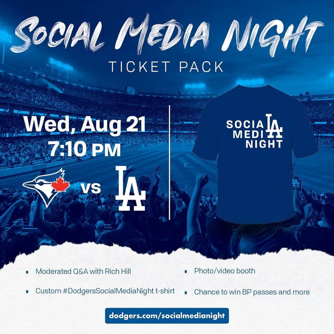 Los Angeles Dodgersさんのインスタグラム写真 - (Los Angeles DodgersInstagram)「Do it for the ‘gram!  Join us on 8/21 for #DodgersSocialMediaNight! Purchase a special ticket pack to get this exclusive t-shirt, access to a pregame party, Q&A with @richjhill and more! Spaces are limited. Get your tickets now at Dodgers.com/socialmedianight.」8月15日 3時05分 - dodgers