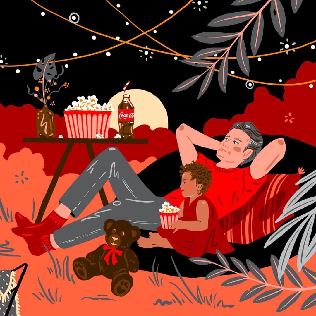 Coca-Colaのインスタグラム：「“I’ve illustrated my ideal staycation of an outdoor movie night! Now what movie to pick…?” — artist @moniqueaimee on her illustration.」