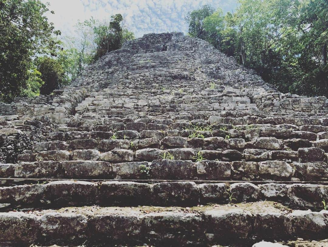 井浦新さんのインスタグラム写真 - (井浦新Instagram)「メキシコのマヤ巡りの中で 知名度は低いけど一番盛り上がったのが キンタナ・ロー州北部にあるコバー遺跡 天文台や球戯場や神殿ものこっていて素晴らしい 中でもハイライトは ユカタン半島で最も高いノホック・ムル・ピラミッド 42mの大ピラミッドに登れる貴重な体験ができた 急勾配の階段を這って登って頂に立つと そこから見えるジャングルの地平線 景色に吸い込まれそうになる 心が震えた あまりにも興奮してすっかり忘れてたけど もちろん下りはまれにみる恐怖体験になった  #コバー遺跡 #マヤ文明 #ノホックムルピラミッド #ユカタン半島 #絶景 #メキシコ」8月15日 3時26分 - el_arata_nest