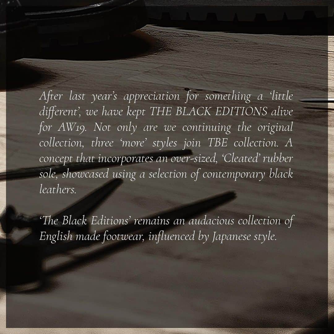 のインスタグラム：「The Black Editions II. Three more styles. Still one sole. Three leathers. One colour. Remaining an audacious collection of English made footwear, influenced by Japanese style. . Henley 3 | Pembroke | Coniston . #crockettandjones #theblackeditions #AW19 #madetobeworn #newseason #newstyles」