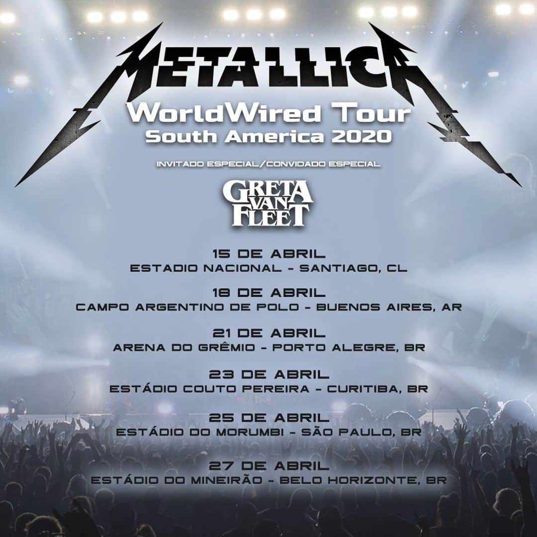 メタリカさんのインスタグラム写真 - (メタリカInstagram)「In April 2020, we are bringing the #WorldWired full-on stadium experience to South America for six headlining shows featuring special guest, @GretaVanFleet!  For ticket details & info, head to Metallica.com and for Enhanced Experience info, check out talli.ca/MetSA_EE.」8月14日 23時00分 - metallica