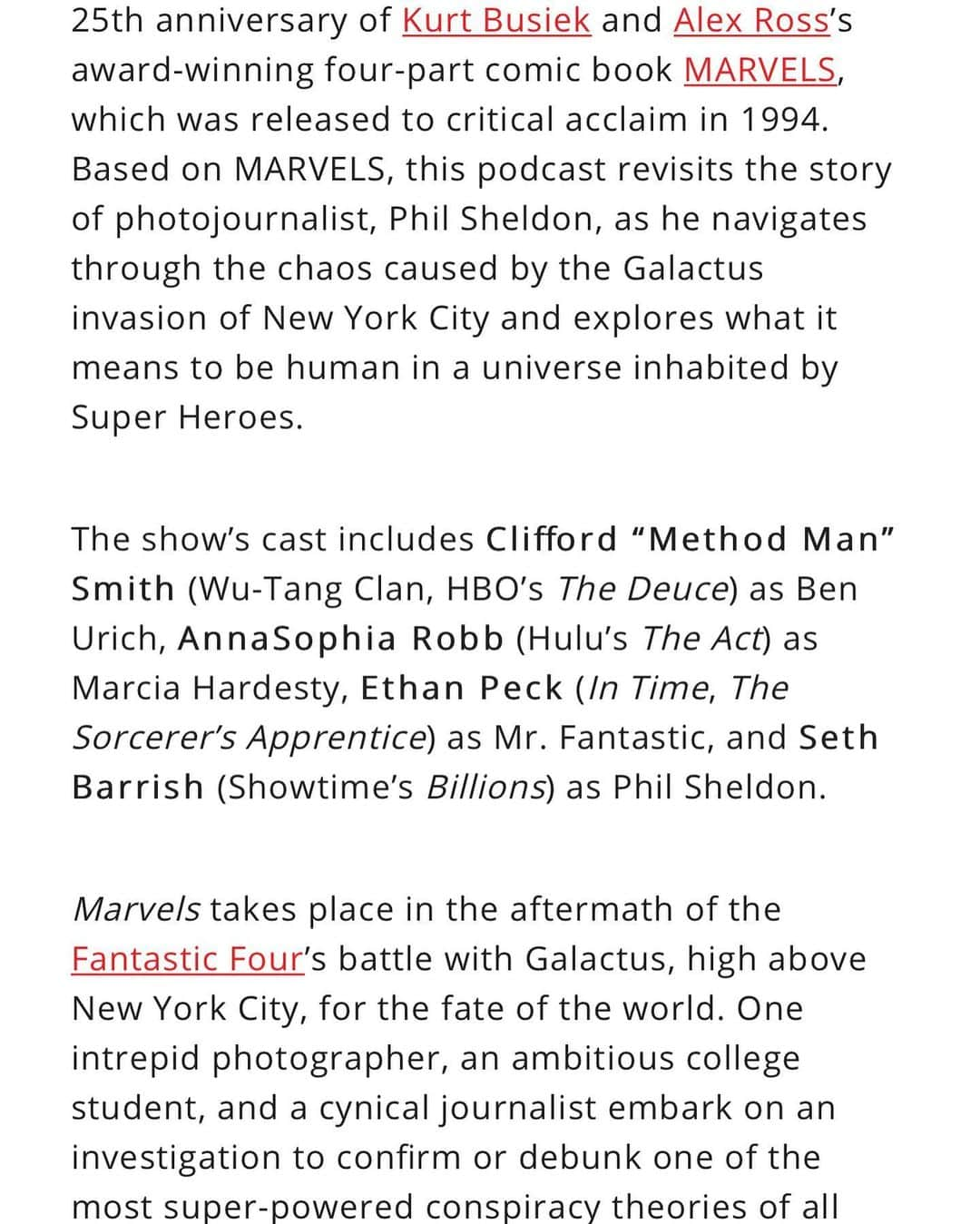 アナソフィア・ロブさんのインスタグラム写真 - (アナソフィア・ロブInstagram)「So thrilled to announce my first podcast with the INSANELY TALENTED group @marvel & @stitcherpodcasts . We’re a few months out from the release but I’m bursting at the seems. 🤖🕷⚡️🔥🌪 ・・・ Galactus invaded. Now humans are left to deal with the aftermath. Based on the acclaimed comic, “Marvels” will be the newest podcast from Marvel and @stitcherpodcasts, starring @methodmanofficial, @annasophiarobb, and more! #MarvelsPodcast spr.ly/MarvelsPodcast」8月15日 1時58分 - annasophiarobb