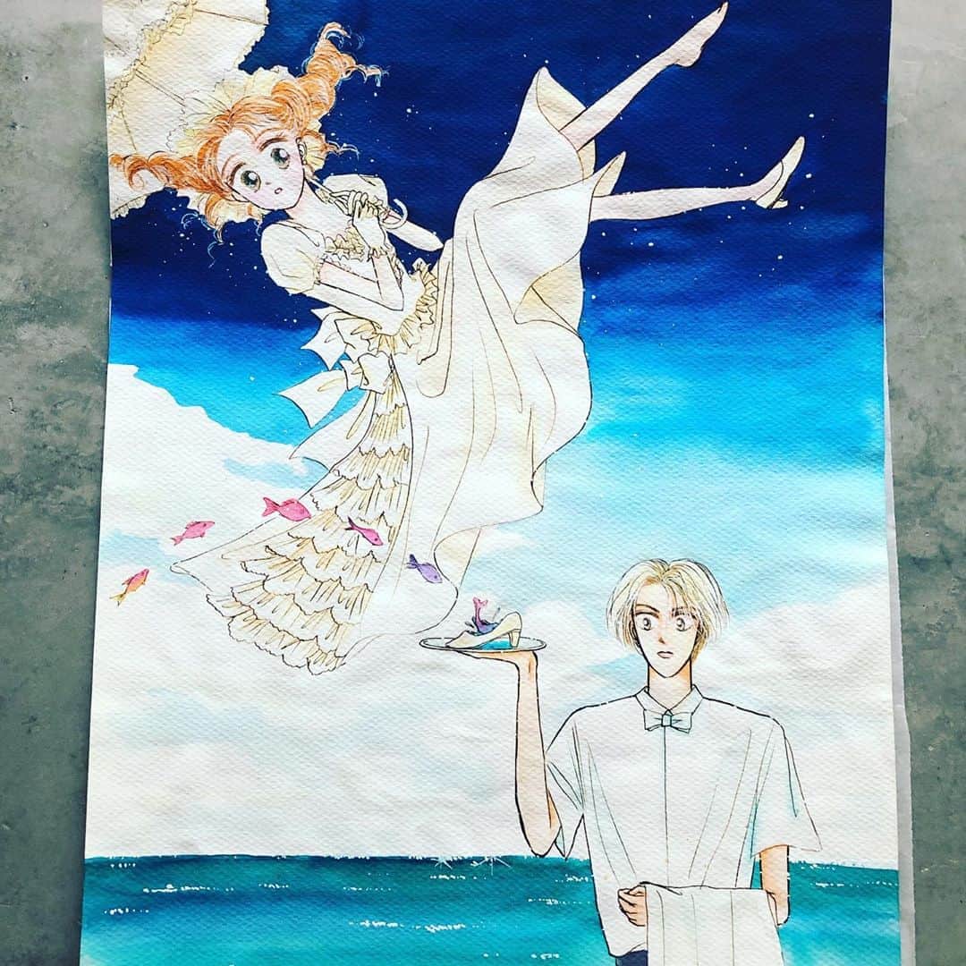 ひうらさとるのインスタグラム：「なかよしの原画発掘シリーズ。「月下美人」のカラー、この二つは割と好きでした。しかしカラーインクってきれいに残るもんですねー。 #月下美人 #ミズタマ #小泉薫 #ひうらさとる」