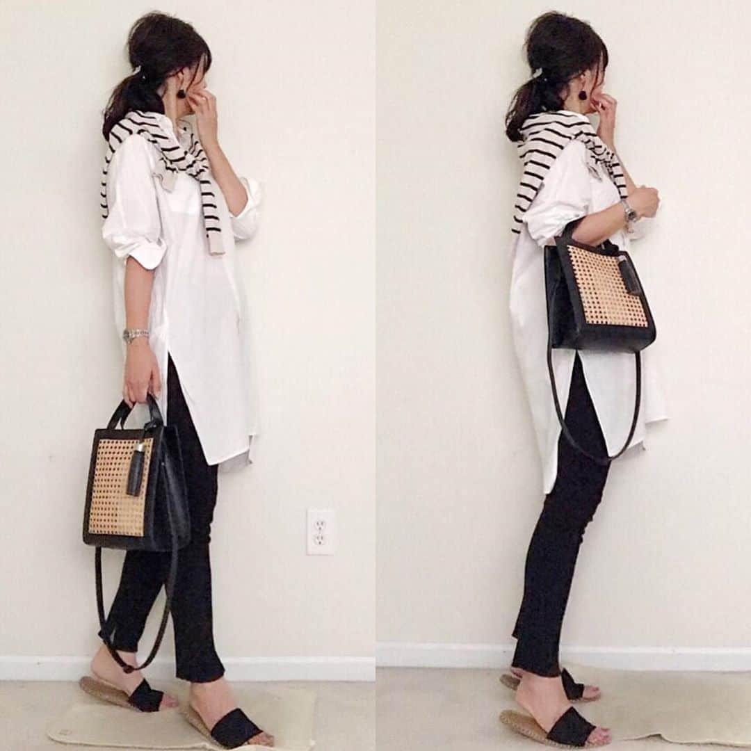 Meiさんのインスタグラム写真 Meiinstagram 白シャツワンピにボーダーカーディガンの肩掛け は黒の リブレギンスパンツ Aug 17 Gu Uniqlo Zara Reedit Official Locari Beaustagrammer プチプラコーデ Ootd Kob