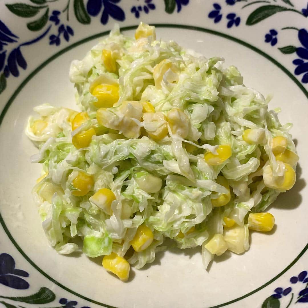野間美由紀のインスタグラム：「昨日発地市庭で買ったでっかいキャベツ（130円）ととうもろこしをコールスローに。美味しいよ！」