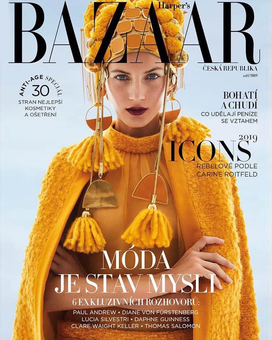 ヴァレリー・カウフマンのインスタグラム：「September cover of @HarpersBazaarCZ by @GregKadelStudios ☁🧡 Thank you team @mariakohutik @evzeniehabron @nicolasjurnjack @julymua」