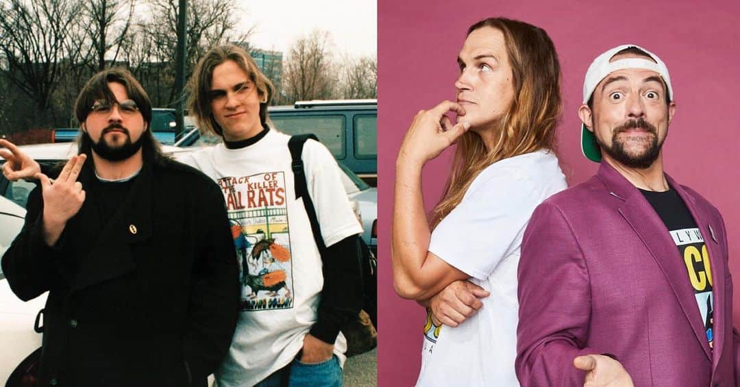 ケヴィン・スミスのインスタグラム：「On the left is me and @jaymewes at the Jersey wrap of #mallrats, circa April 1995. On the right is #JasonMewes and me from the @gettyimages shoot at the @pizzahut @comic_con lounge, 2019. I’ve been photographed with #jaymewes more than any other person I’ve ever known, including @jenschwalbach and @harleyquinnsmith. Jay and I excel at standing next to each other - in photos and in real life! Wanna see us do it professionally? Then come see us on the @jayandsilentbob Reboot Roadshow this Fall! Trailer and tickets at the link in my bio! #KevinSmith #jayandsilentbob #JayAndSilentBobReboot」