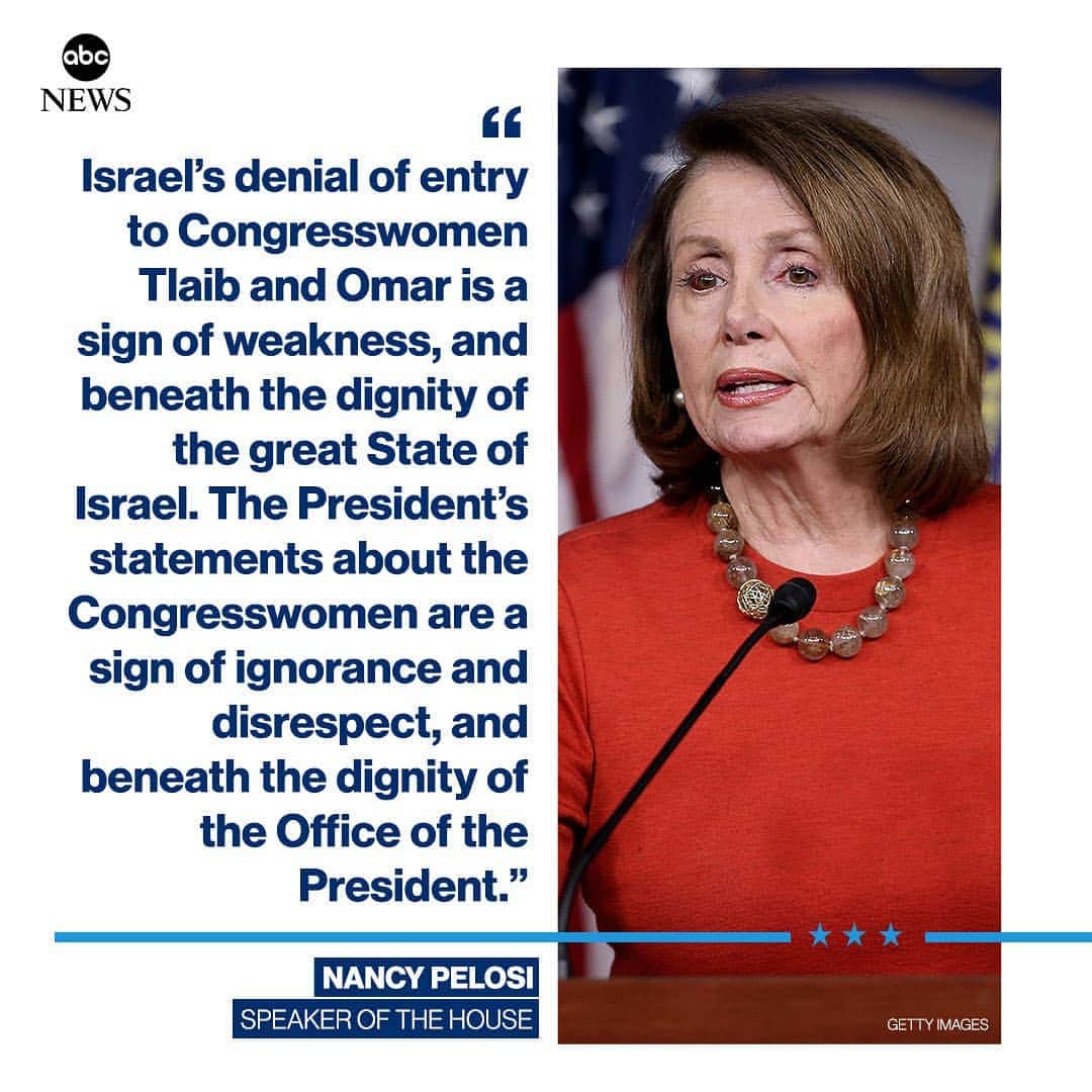ABC Newsさんのインスタグラム写真 - (ABC NewsInstagram)「"A sign of weakness." Speaker Nancy Pelosi condemns Israeli decision to deny entry to Reps. Rashida Tlaib and Ilhan Omar, as well as President Trump's tweet pressuring the country to bar them. #nanxypelosi #donaldtrump #israel #ilhanomar #rashidatlaib」8月16日 4時02分 - abcnews