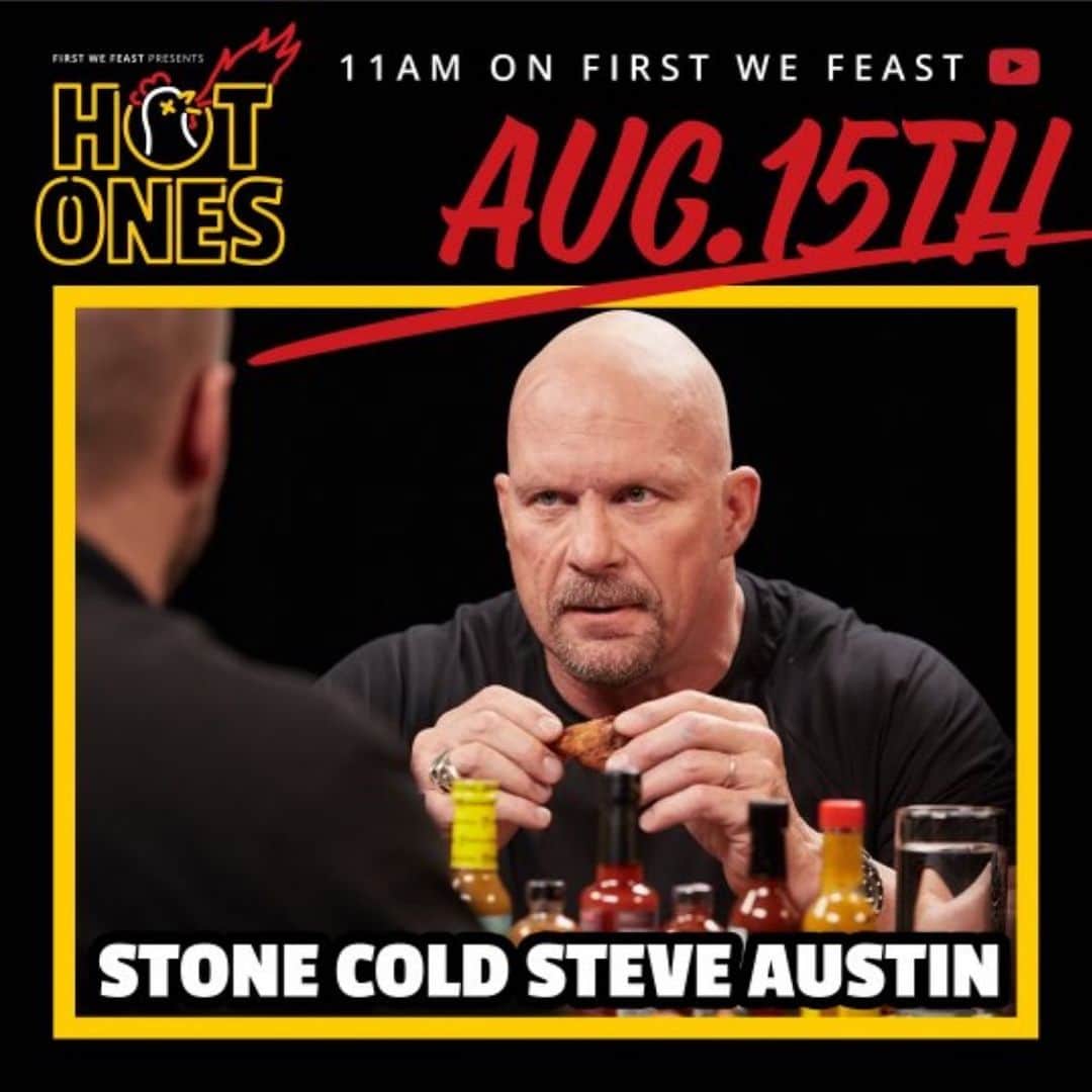 ストーン・コールド・スティーブ・オースチンのインスタグラム：「Check out my interview w @seanseaevans on @firstwefeast  We talk about everything under the sun and eat some hot ass wings. I had a great time with Sean.  #heartratemonitor  #hotterthanhell  #gotmilk  Straight Up Steve Austin is every Monday night on @usa_network after @wwe Raw. My guest this Monday is @salvulcano from @impracticaljokersofficial  HELL YEAH!!!」