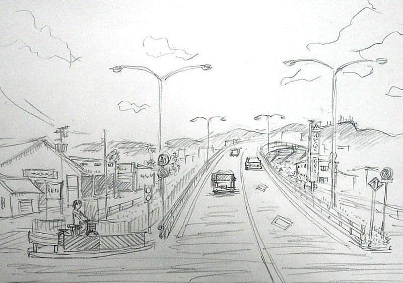 若狭たけしさんのインスタグラム写真 - (若狭たけしInstagram)「石狩手稲線跨線橋。実家から車で5号線方面、小樽方面に行く時は必ずここを通る事に。　#手稲 #手稲絵 #札幌 #風景画 #鉛筆画 #イラスト #illustration」8月16日 9時44分 - takeshi_wakasa