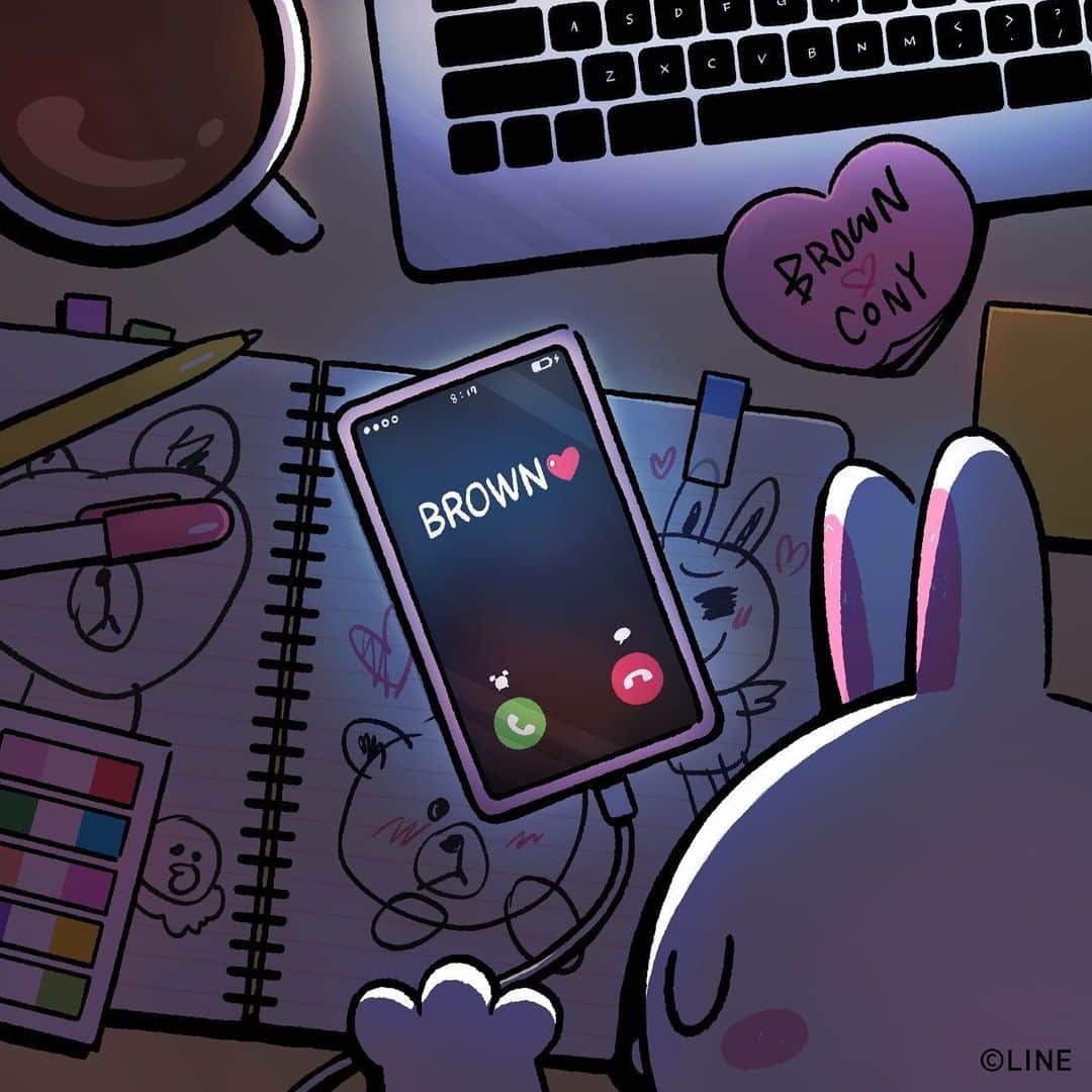 のインスタグラム：「寝落ち電話☎️💤 #ラブラブ #BROWN #CONY #LINEFRIENDS」